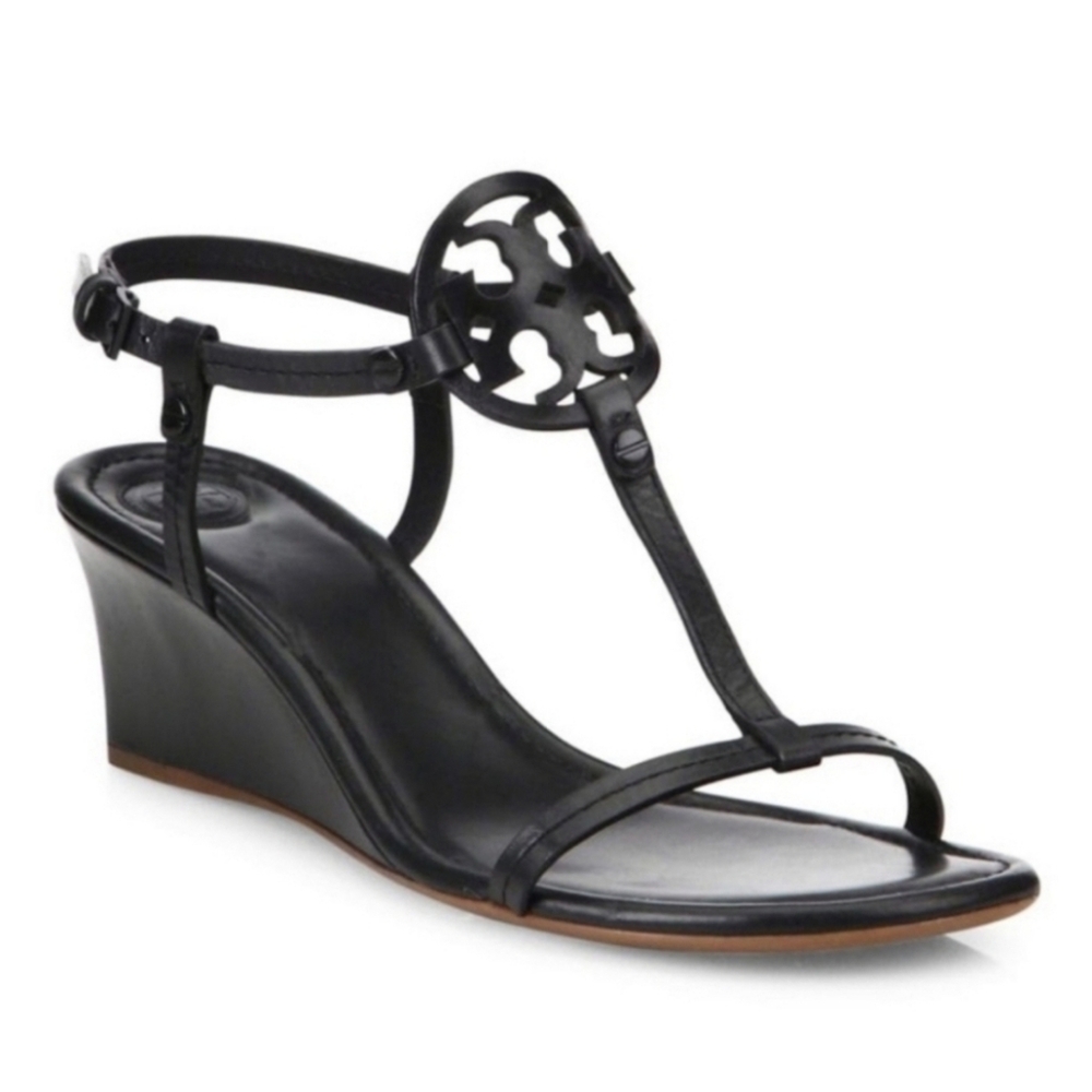 Tory Burch Miller Wedge Sandals Black Size 10.5